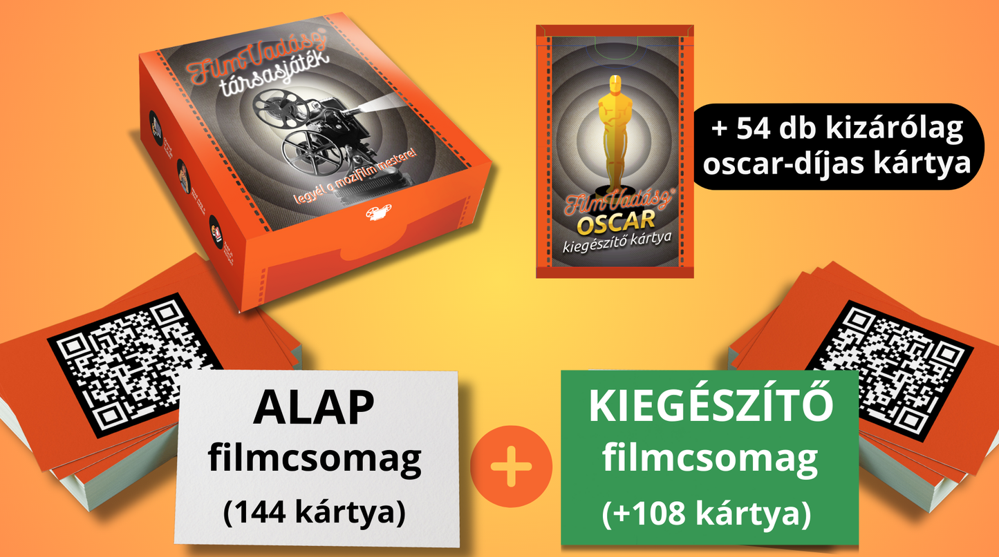 Filmvadász társasjáték - VIP Csomag (Alap csomag 144 filmkártya + 108 kiegészítő filmkártya + 54 kizárólag Oscar-díjas filmkártya)