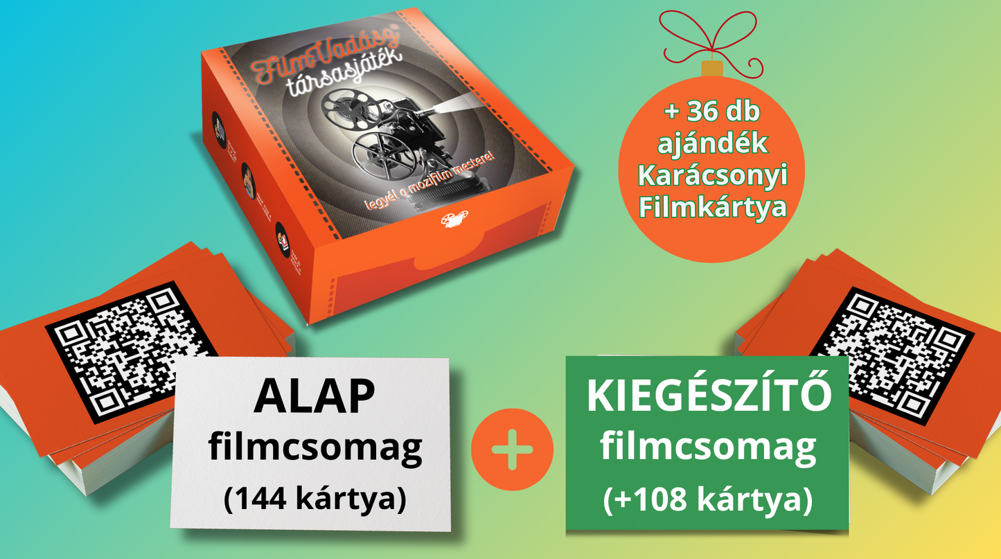 Filmvadász társasjáték - KLASSZIKUS Csomag (Alap csomag 144 filmkártya + 108 zöld kiegészítő filmkártya, + 36 ajándék karácsonyi filmkártya)