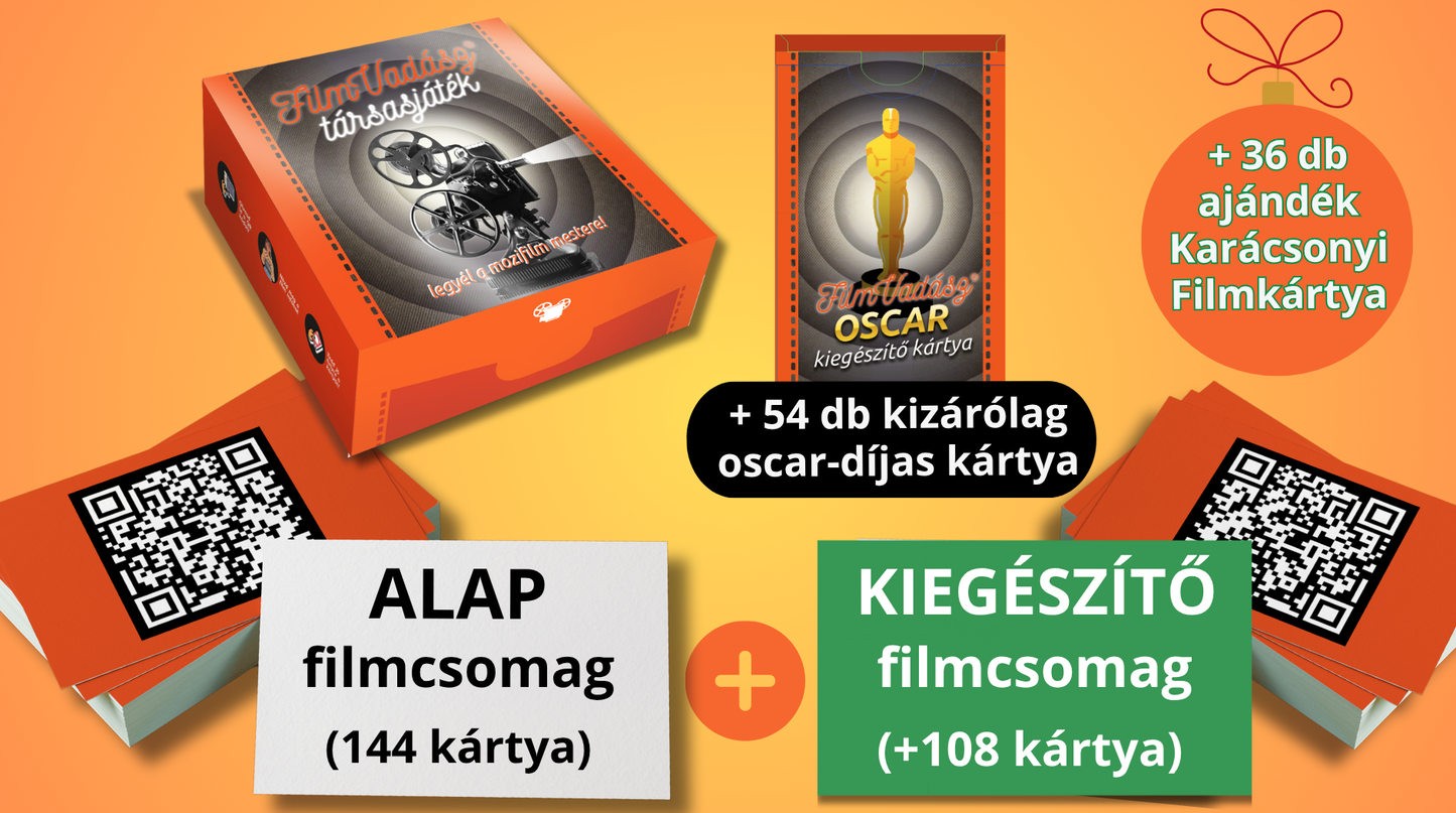 Filmvadász társasjáték - VIP Csomag (Alap csomag 144 filmkártya + 108 zöld kiegészítő filmkártya + 54 kizárólag Oscar-díjas filmkártya + 36 ajándék karácsonyi filmkártya)